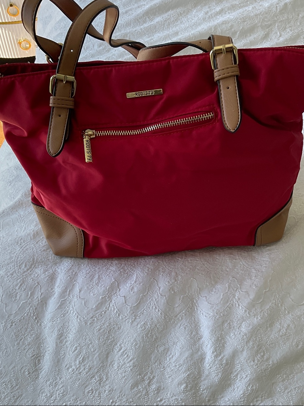 Roots Red Shoulder Bag with Tan Straps
